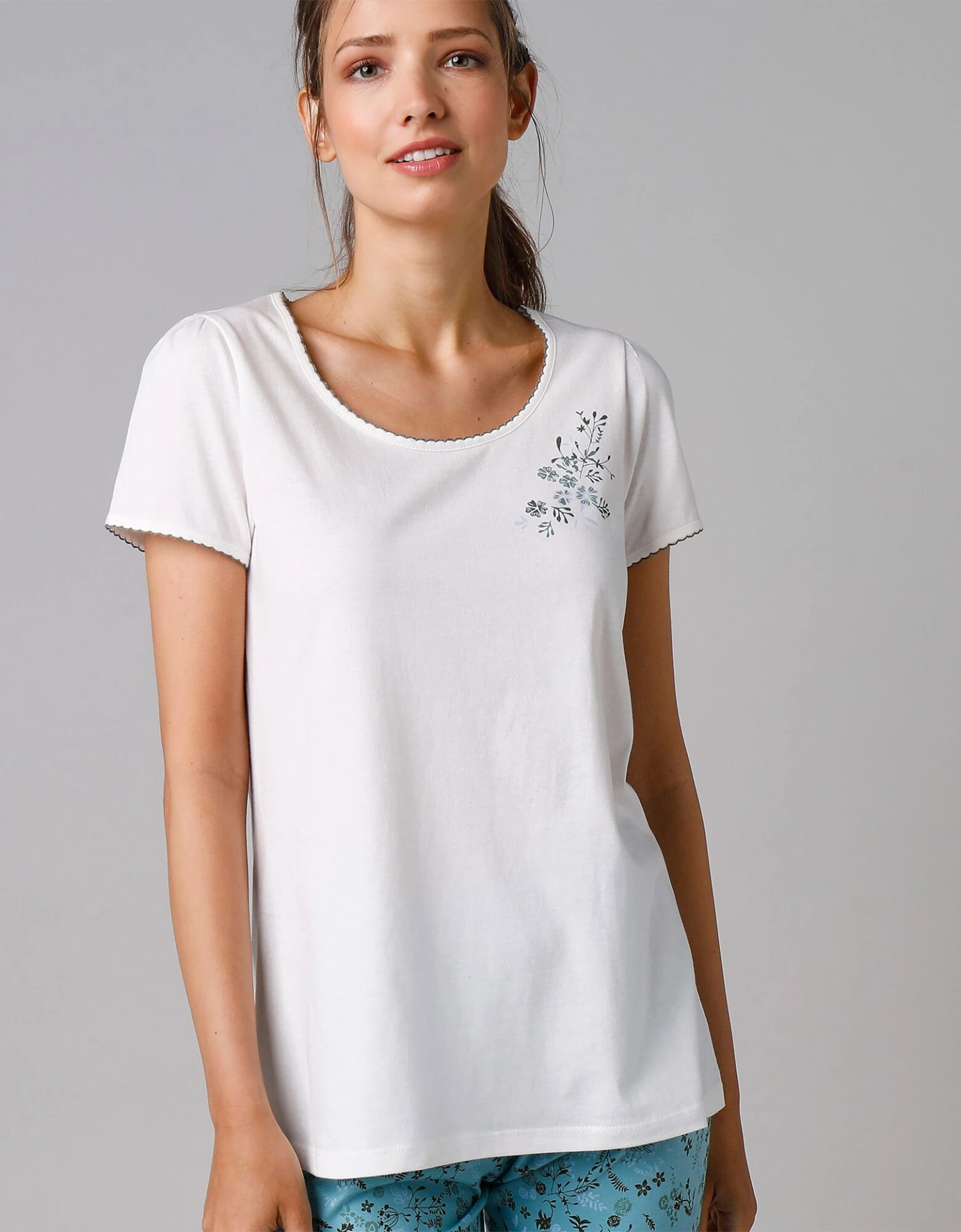 Tee-shirt De Pyjama Manches Courtes Imprimé Placé Fleurs 1 Tee-shirt De Pyjama Manches Courtes Imprimé Placé Fleurs