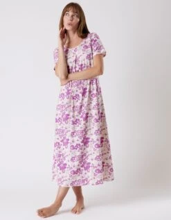 Chemise De Nuit Longue Imprimée Fleurie - Manches Courtes